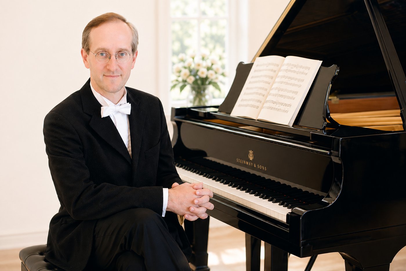 グランドピアノの前に座るピーター先生